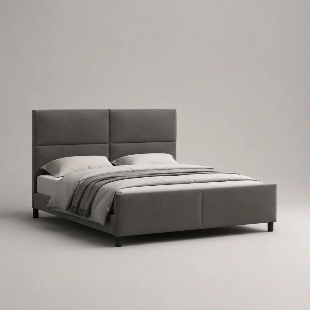 Letto matrimoniale imbottito grigio in microfibra di poliestere con rete a doghe, per materasso 160 x 200 cm, dimensioni 171 x 216 x 120 cm