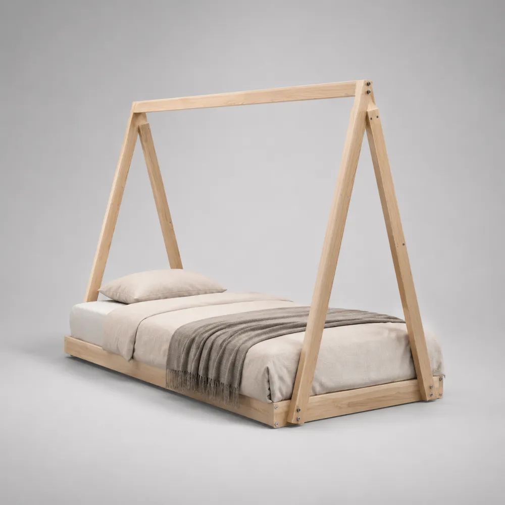 Letto singolo a baldacchino in pino massello naturale 90 × 200 cm