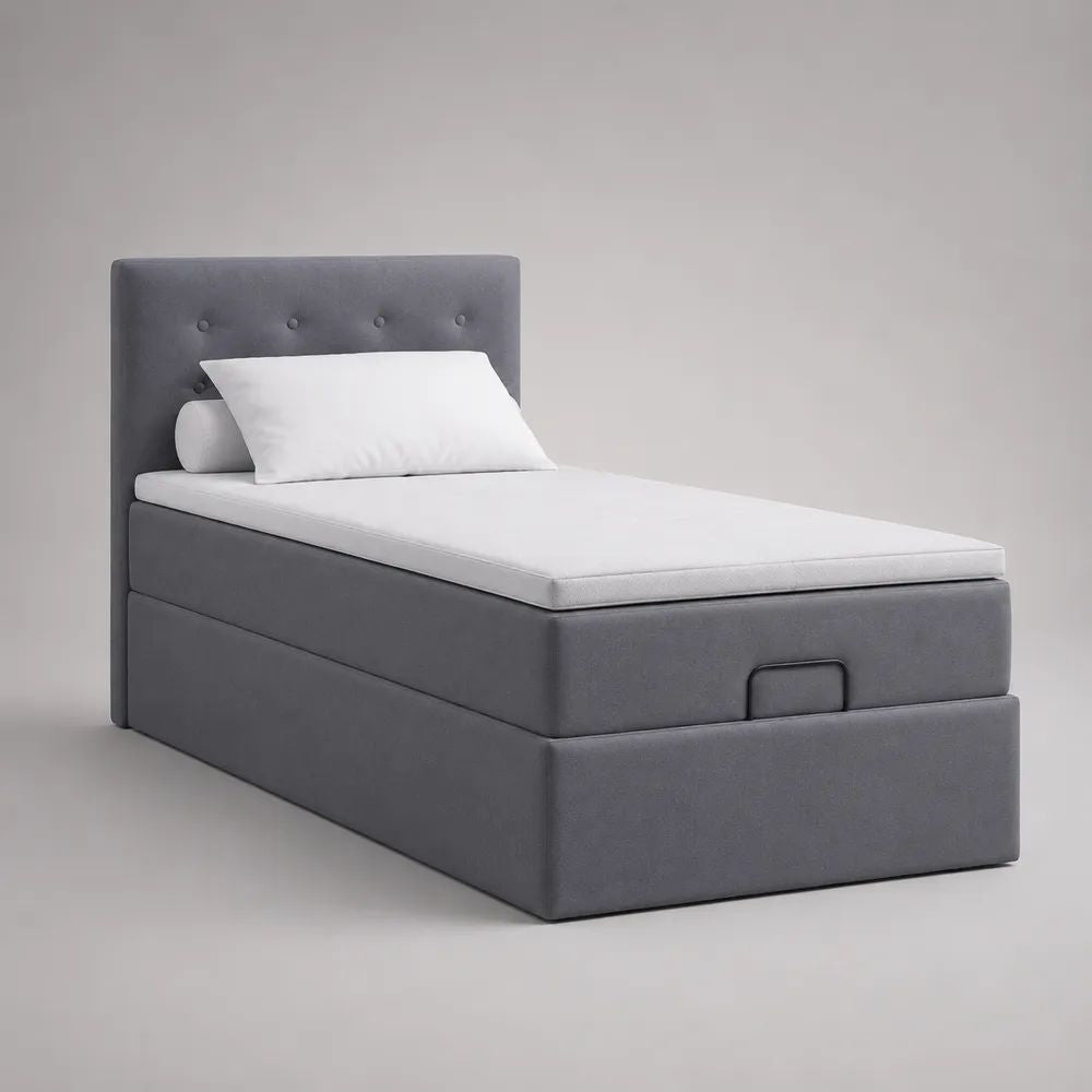 Letto singolo contenitore 90 x 200 cm in legno e tessuto grigio con testiera imbottita