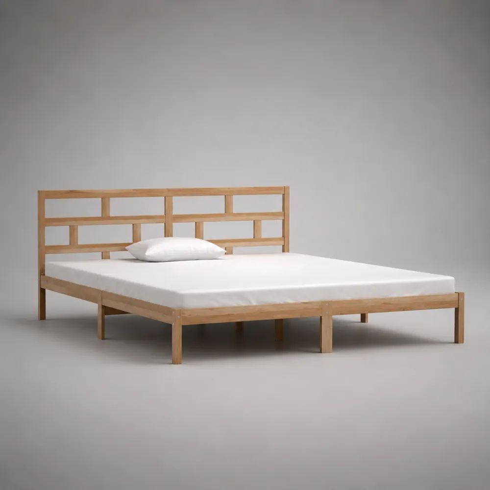 Letto matrimoniale 180 x 200 cm in legno massello di pino naturale con rete a doghe e testiera geometrica