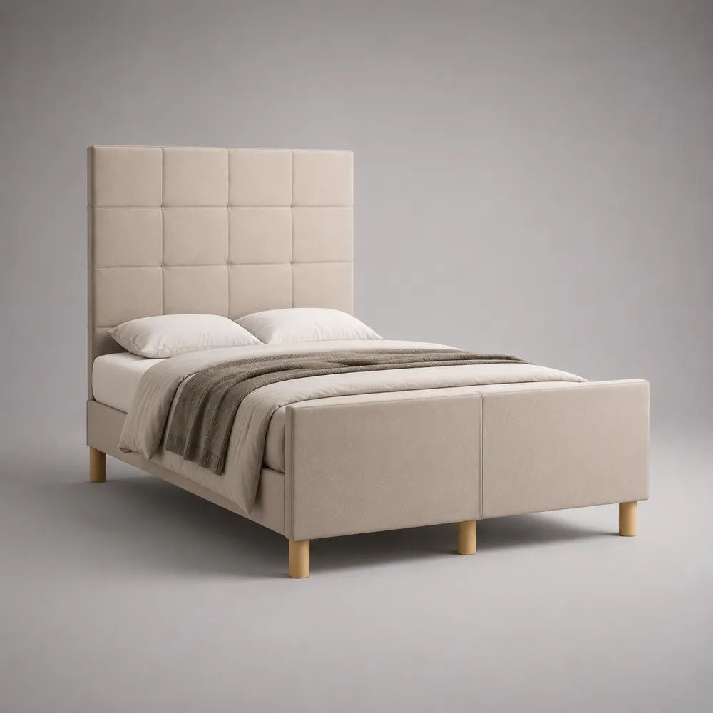 Letto matrimoniale imbottito beige 160 x 200 cm con testiera alta, struttura in legno e metallo, 170 x 215 x 150 cm