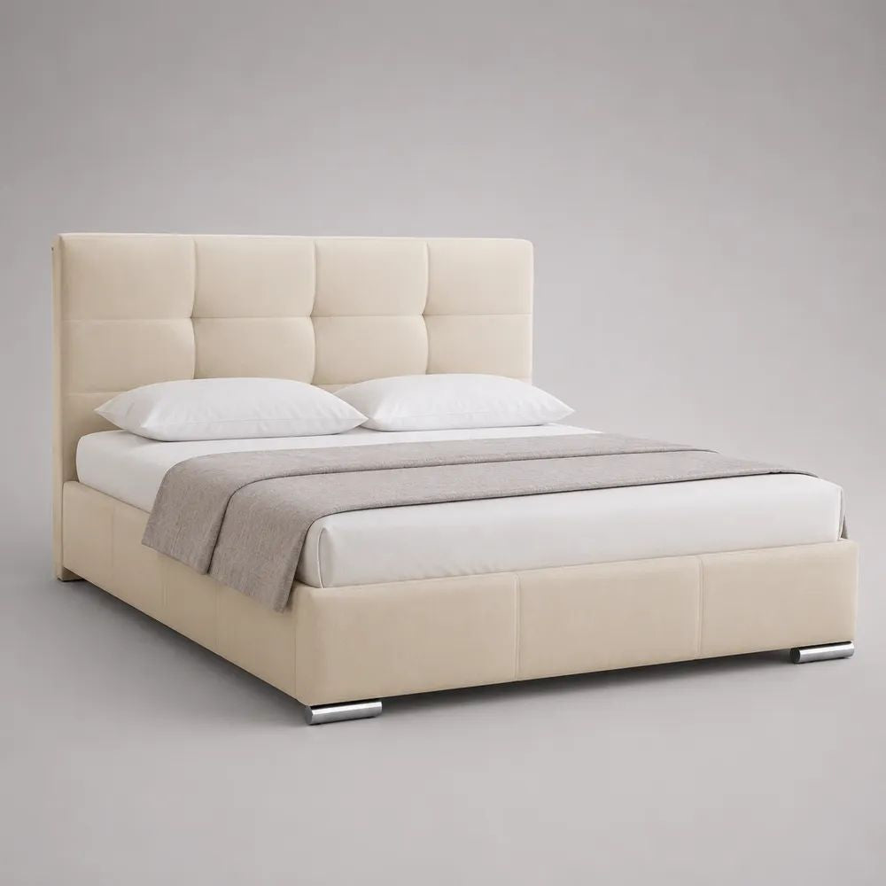 Letto matrimoniale imbottito 160 × 200 cm in pelle sintetica crema con testiera trapuntata