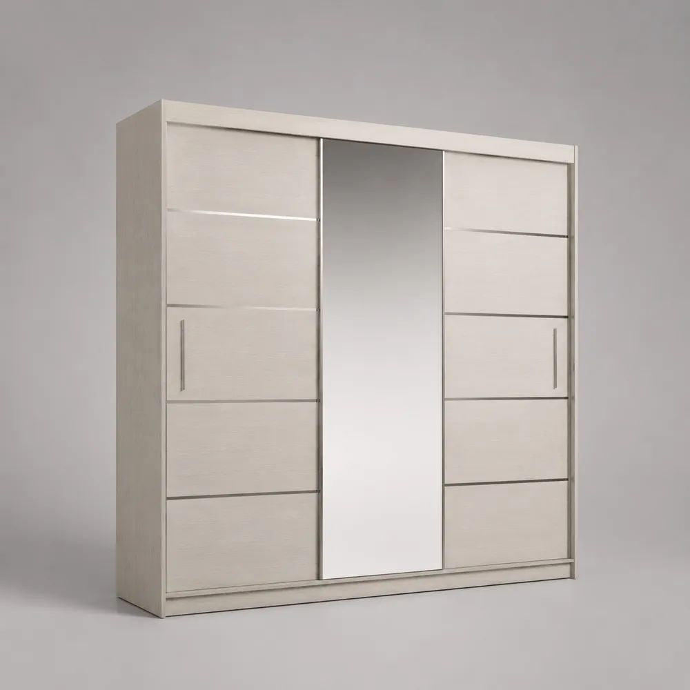 Armadio in truciolare melaminico bianco frassino con 3 ante scorrevoli e specchio, 180 × 60 × 210 cm