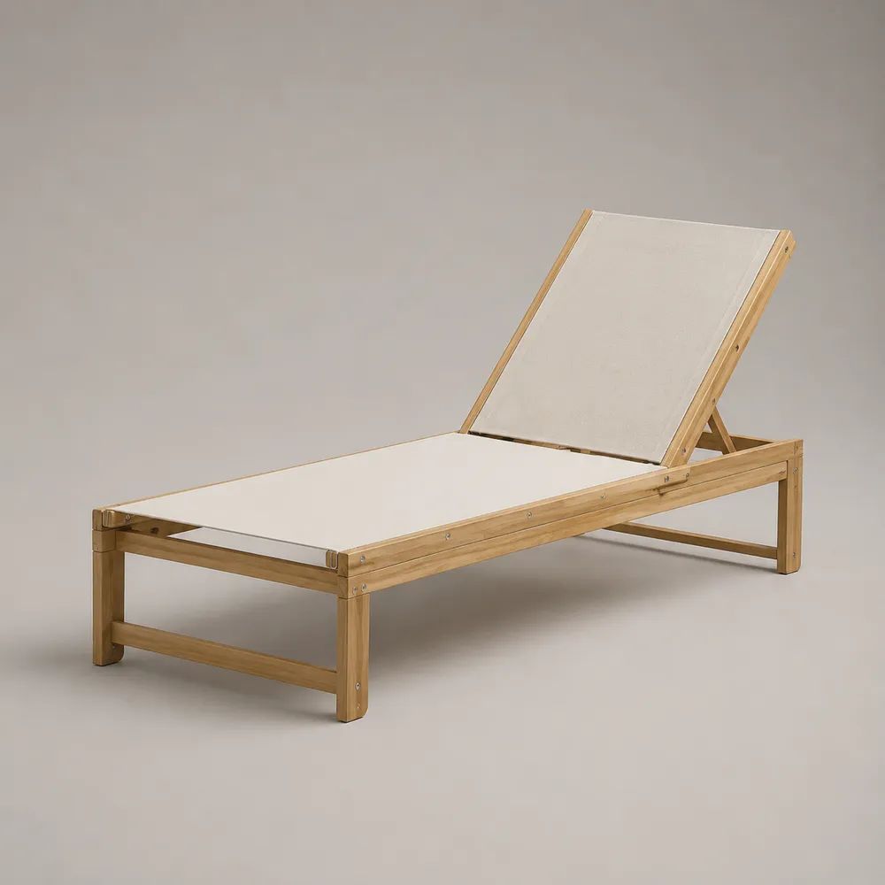 Lettino prendisole regolabile da esterno in legno e tessuto, beige e legno naturale, 200 x 65 x 32 cm