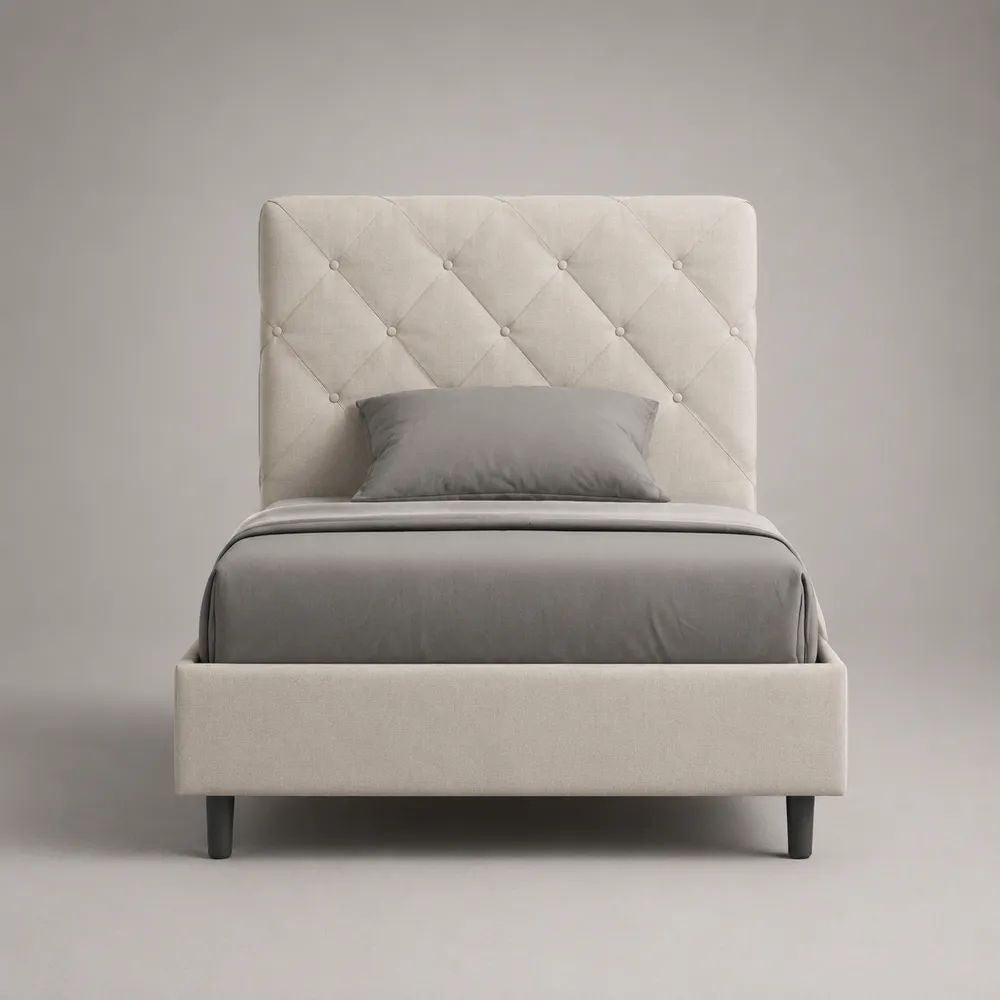 Letto singolo con contenitore 90 x 190 cm in tessuto beige, testiera capitonné, 103 x 205 x 120 cm