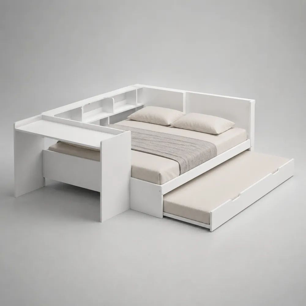 Set letto matrimoniale angolare salvaspazio bianco 255 x 205 x 95 cm con letto estraibile 90 x 190 cm, scrivania, libreria e sgabello