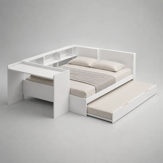 Set letto matrimoniale angolare salvaspazio bianco 255 x 205 x 95 cm con letto estraibile 90 x 190 cm, scrivania, libreria e sgabello