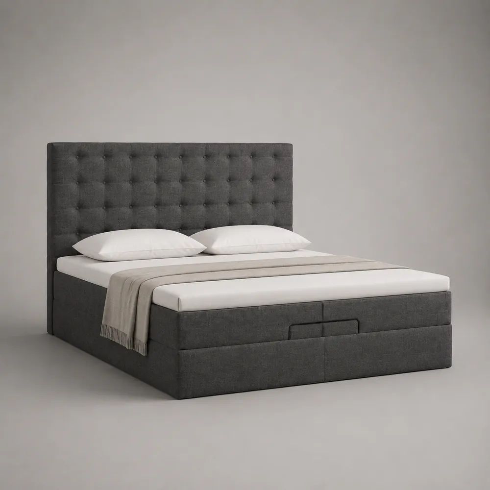 Letto matrimoniale contenitore imbottito in poliestere grigio scuro 172 x 216 x 120 cm, per materasso 160 x 200 cm