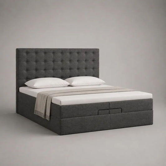 Letto matrimoniale contenitore imbottito in poliestere grigio scuro 172 x 216 x 120 cm, per materasso 160 x 200 cm