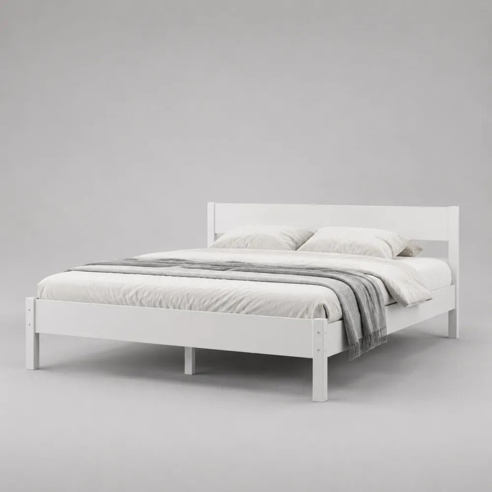 Letto matrimoniale in legno bianco 208 x 168 x 82 cm, per materasso 160 x 200 cm, con testiera e rete a doghe