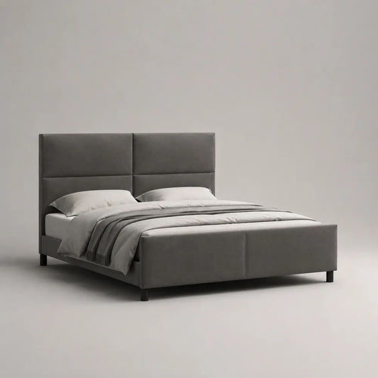 Letto matrimoniale imbottito grigio in microfibra di poliestere con rete a doghe, per materasso 160 x 200 cm, dimensioni 171 x 216 x 120 cm