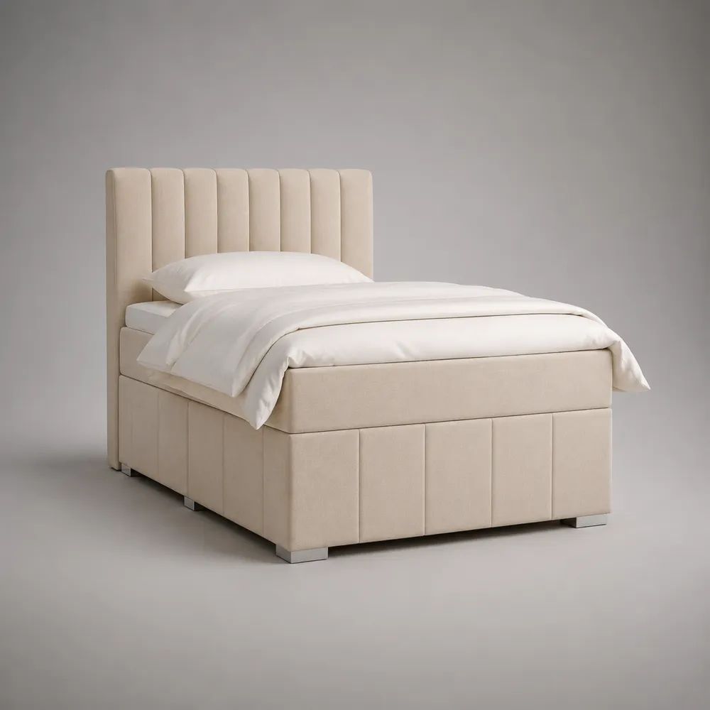 Struttura letto singolo imbottita beige 90 x 200 cm con testiera a pannelli e rivestimento in poliestere