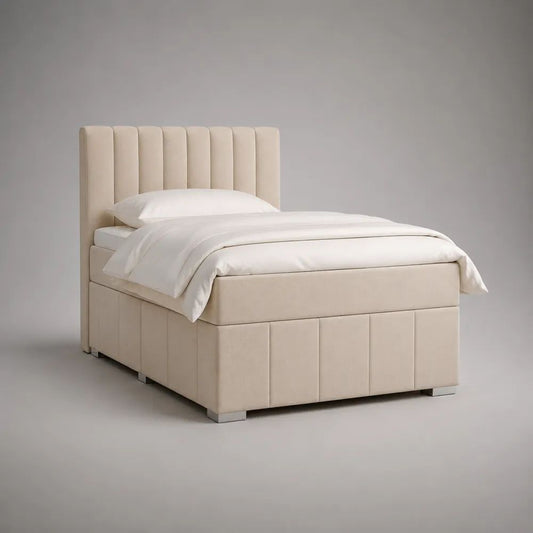 Struttura letto singolo imbottita beige 90 x 200 cm con testiera a pannelli e rivestimento in poliestere