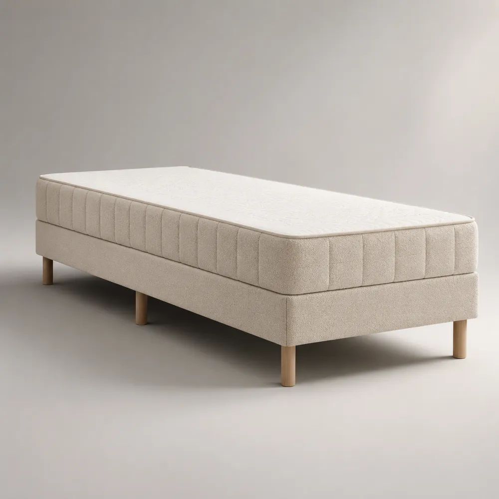 Letto singolo imbottito beige con materasso, 90 × 200 cm, dimensioni complessive 202 × 92 × 62 cm