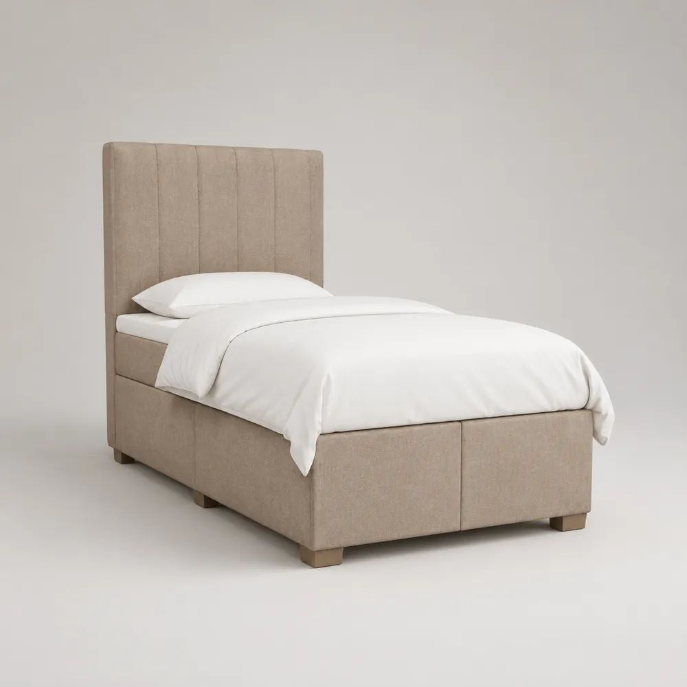 Letto singolo imbottito beige 90 x 200 cm con testiera verticale, dimensioni 105 x 215 x 130 cm