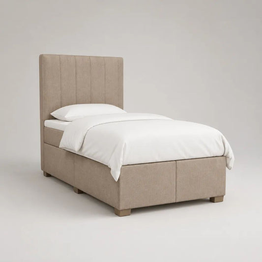 Letto singolo imbottito beige 90 x 200 cm con testiera verticale, dimensioni 105 x 215 x 130 cm