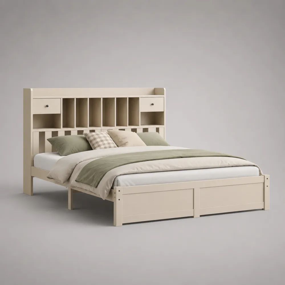 Letto matrimoniale 160 × 200 cm in pino massello e MDF beige con testiera libreria e 4 cassetti