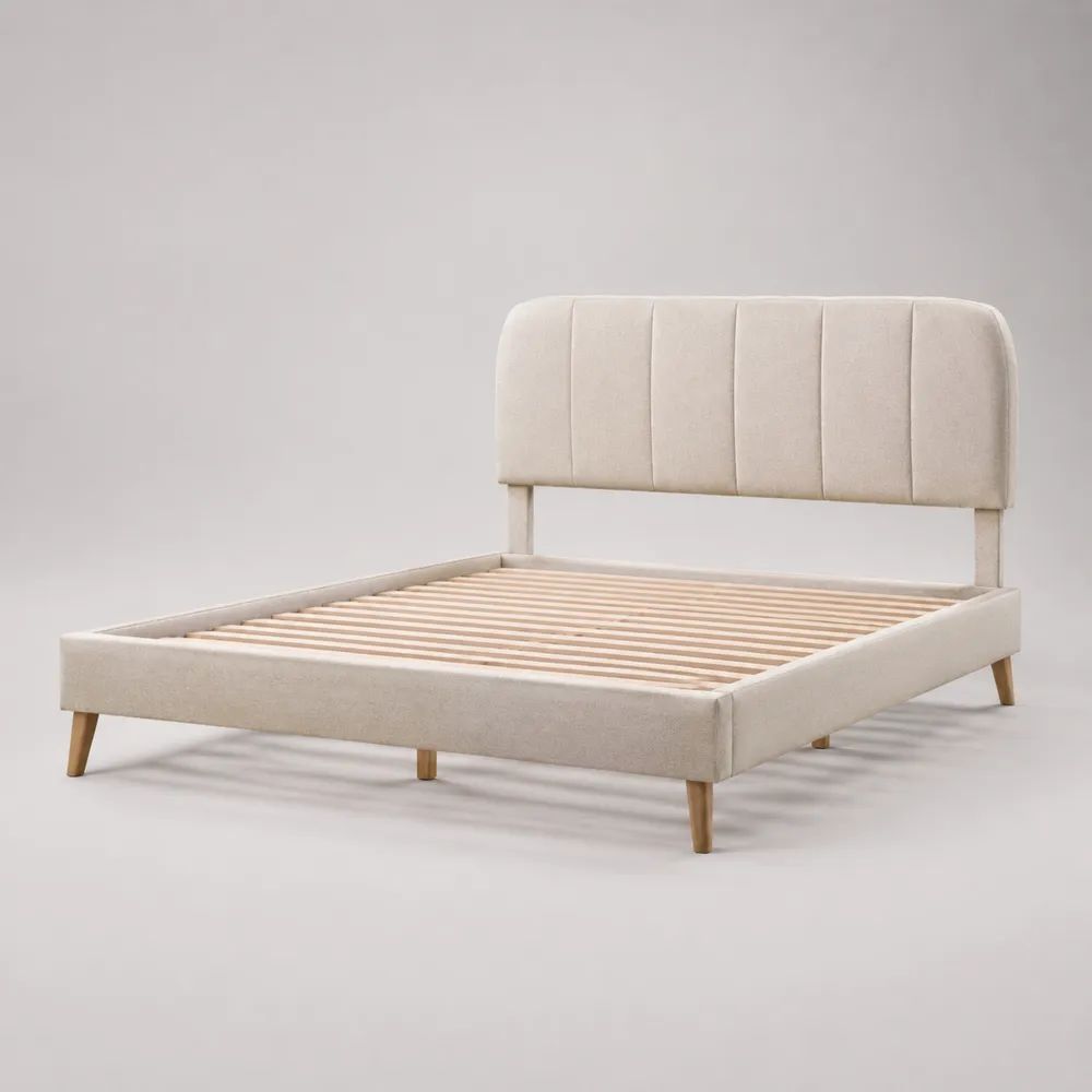 Letto matrimoniale imbottito in poliestere beige 160 × 200 cm con testiera scanalata e rete a doghe