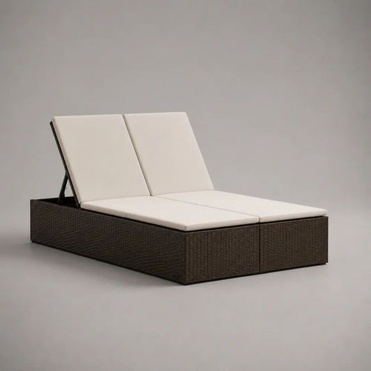Lettino prendisole doppio da esterno in polyrattan marrone con cuscini crema, 200 x 130 x 70 cm