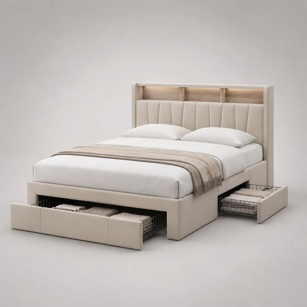 Letto matrimoniale imbottito beige con testiera LED e 4 cassetti, 176 x 220 x 140 cm, per materasso 160 x 200 cm