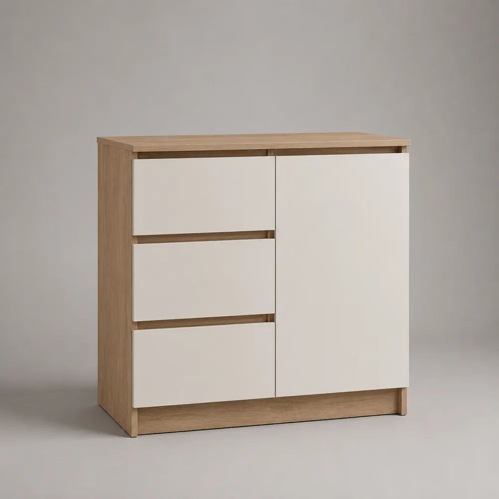 Cassettiera bassa rettangolare in legno con 3 cassetti e 1 anta, rovere chiaro e bianco, 80 x 40 x 90 cm