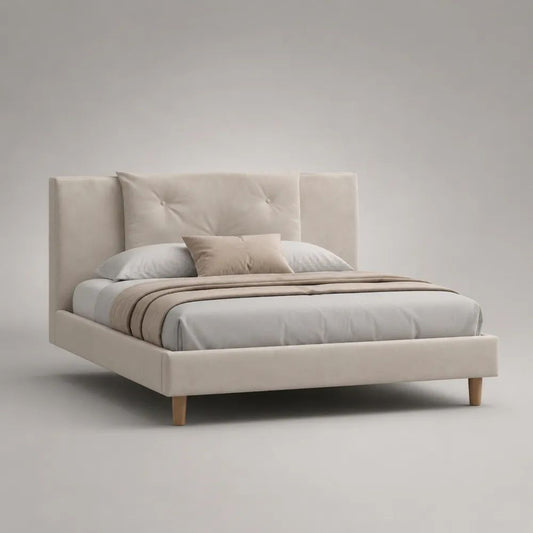 Letto matrimoniale imbottito beige 160 x 200 cm, dimensioni 216 x 176 x 110 cm, con testiera capitonné, rivestimento in velluto e gambe in legno