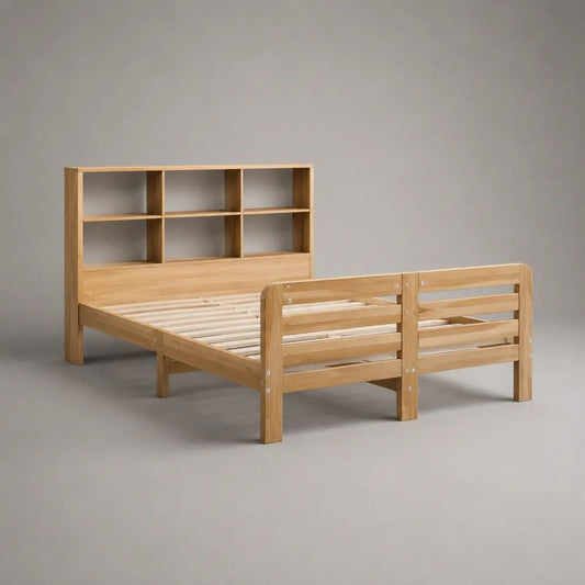 Letto per bambini 140 x 200 cm in legno di pino massello naturale con testiera libreria a 6 vani, sponde protettive e rete a doghe