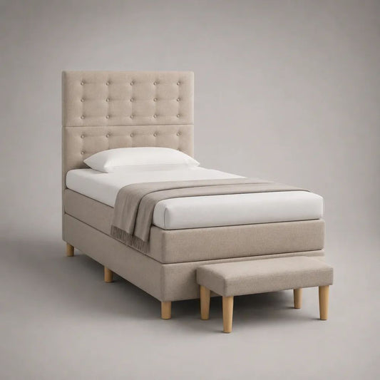Set di 2 pezzi con letto singolo imbottito 102 x 212 x 150 cm per materasso 90 x 200 cm e panca 70 x 40 x 38 cm, testiera capitonné, tessuto beige