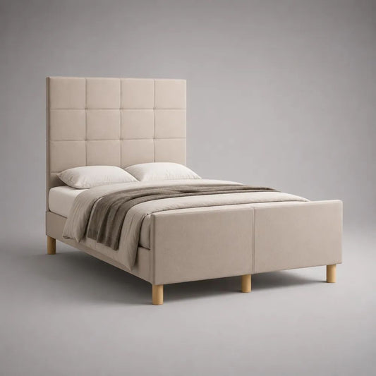 Letto matrimoniale imbottito beige 160 x 200 cm con testiera alta, struttura in legno e metallo, 170 x 215 x 150 cm