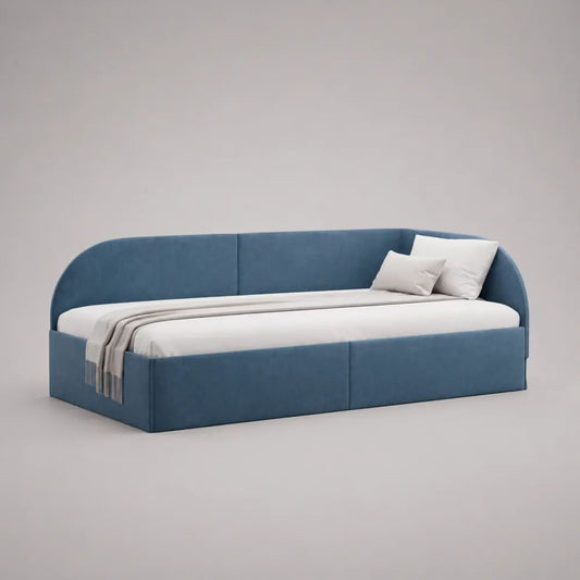 Letto singolo imbottito in velluto blu per materasso 90 x 200 cm, 216 x 107 x 86 cm