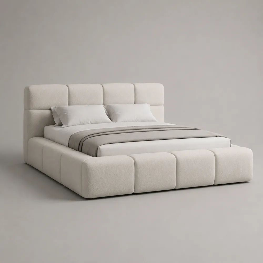 Letto matrimoniale contenitore 160 x 200 cm in tessuto bouclé avorio con testiera imbottita e rete sollevabile, 220 x 240 x 120 cm