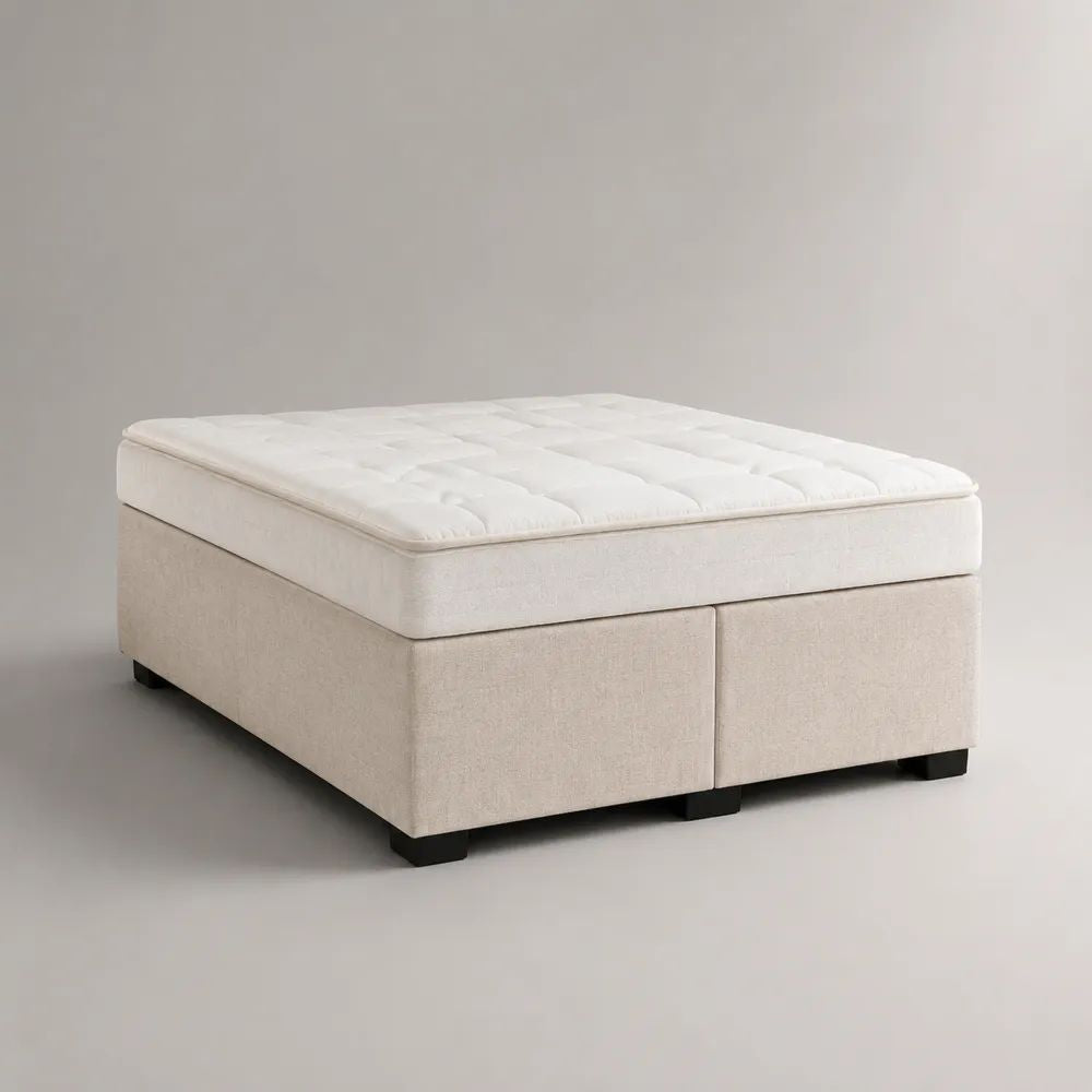 Letto matrimoniale boxspring beige in tessuto con materasso e topper, 160 x 200 cm