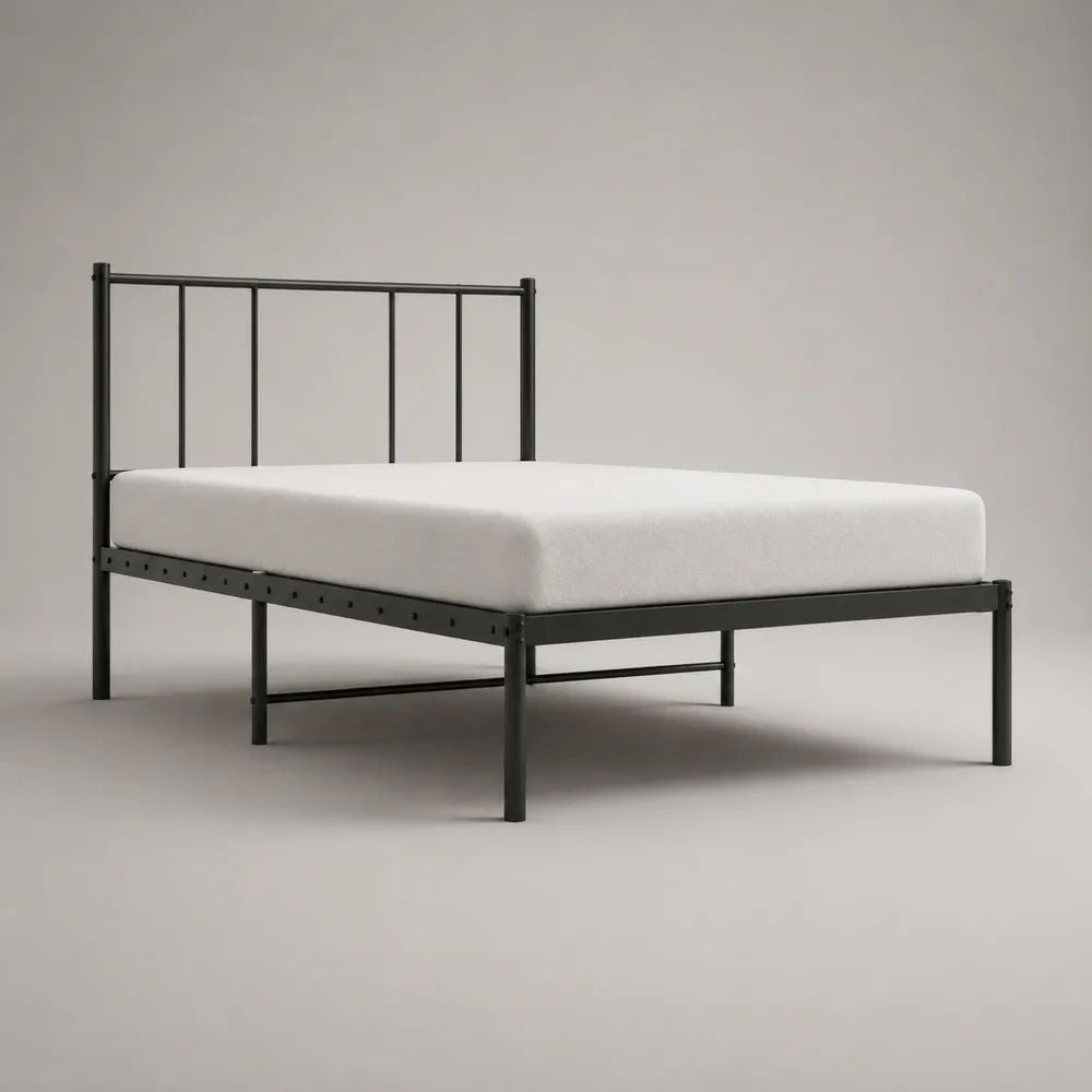 Letto matrimoniale in acciaio nero 140 × 200 cm, dimensioni 208 × 146 × 100 cm, con testiera