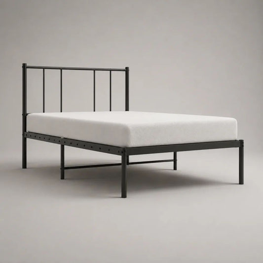 Letto matrimoniale in acciaio nero 140 × 200 cm, dimensioni 208 × 146 × 100 cm, con testiera