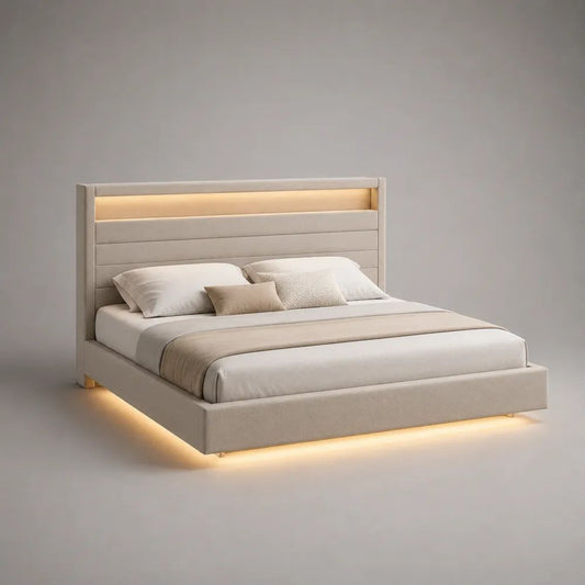 Letto matrimoniale contenitore 160 x 200 cm in poliestere beige con testiera imbottita e illuminazione LED