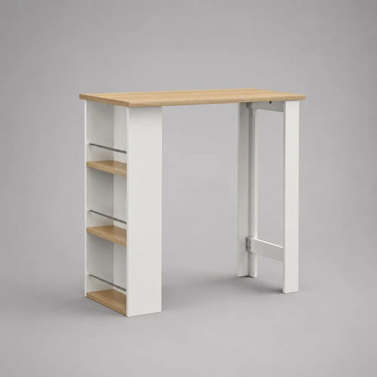 Tavolo da bar rettangolare con 3 ripiani in legno e acciaio, bianco e rovere naturale, 115 x 50 x 103 cm