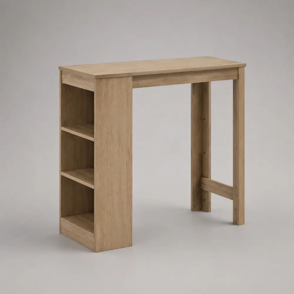 Tavolo bar rettangolare con scaffale laterale in truciolare melaminico rovere chiaro, 115 × 50 × 103 cm