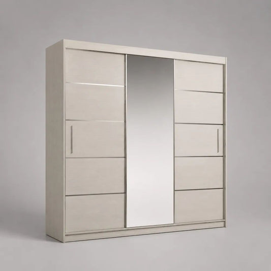 Armadio in truciolare melaminico bianco frassino con 3 ante scorrevoli e specchio, 180 × 60 × 210 cm