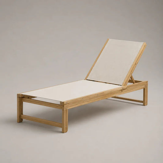 Lettino prendisole regolabile da esterno in legno e tessuto, beige e legno naturale, 200 x 65 x 32 cm