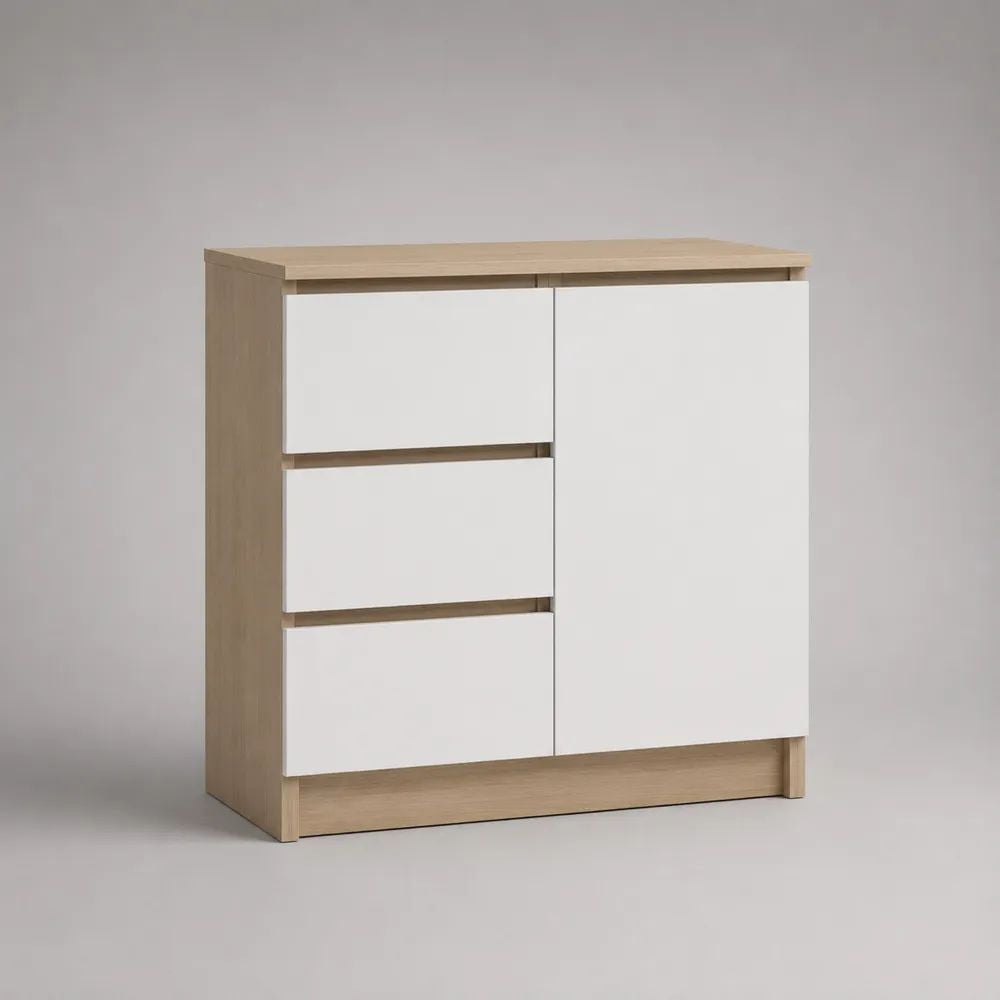 Cassettiera bassa in legno con 3 cassetti e 1 anta, Bianco/Rovere chiaro, 80 x 40 x 85 cm
