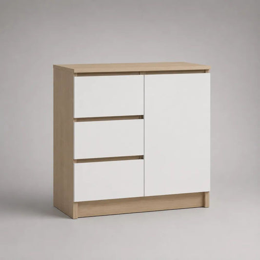 Cassettiera bassa in legno con 3 cassetti e 1 anta, Bianco/Rovere chiaro, 80 x 40 x 85 cm