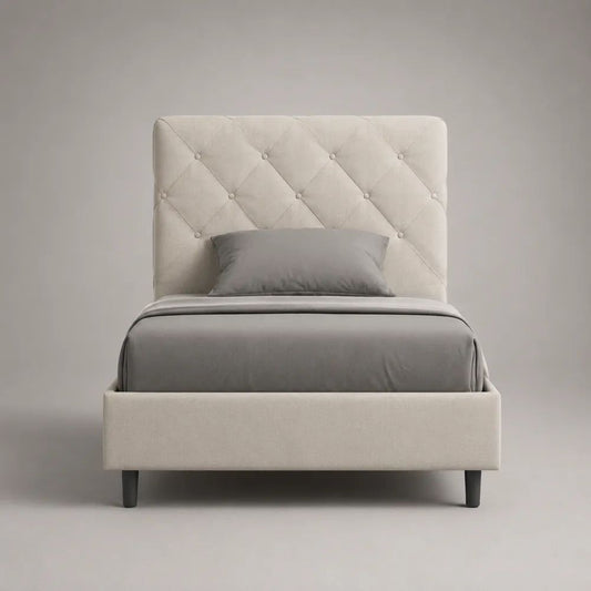 Letto singolo con contenitore 90 x 190 cm in tessuto beige, testiera capitonné, 103 x 205 x 120 cm