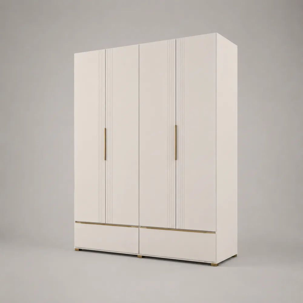Armadio guardaroba a 4 ante e 2 cassetti in MDF e truciolare, bianco opaco e oro, 180 x 55 x 220 cm