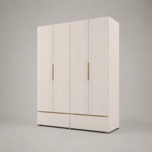 Armadio guardaroba a 4 ante e 2 cassetti in MDF e truciolare, bianco opaco e oro, 180 x 55 x 220 cm