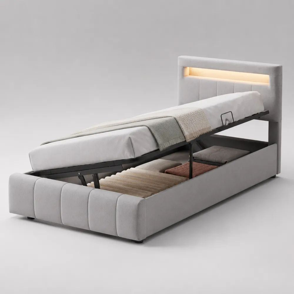 Letto singolo contenitore 90 x 200 cm con LED, rete sollevabile e rivestimento in velluto poliestere grigio chiaro