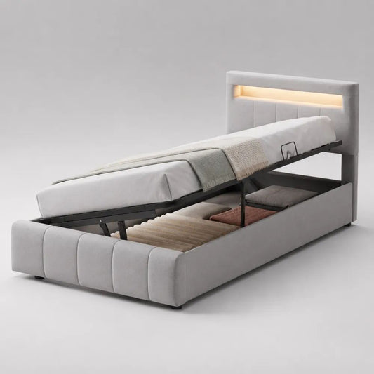 Letto singolo contenitore 90 x 200 cm con LED, rete sollevabile e rivestimento in velluto poliestere grigio chiaro